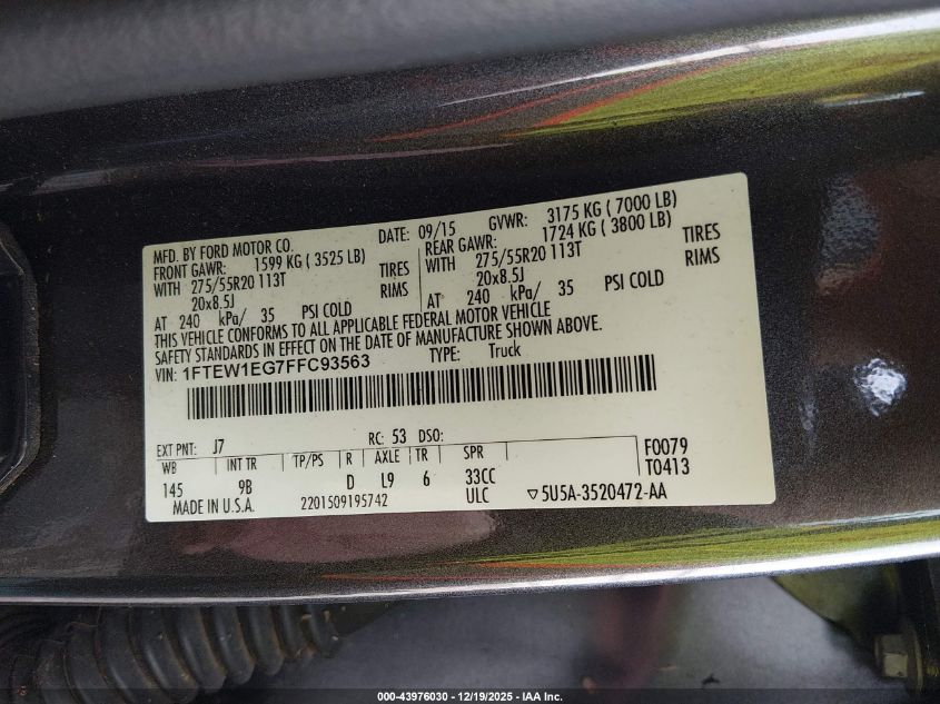 2015 Ford F-150 Platinum VIN: 1FTEW1EG7FFC93563 Lot: 43976030