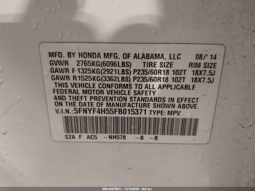 2015 Honda Pilot Ex-L VIN: 5FNYF4H55FB015371 Lot: 43976031