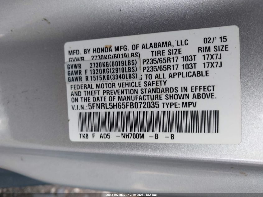 2015 Honda Odyssey Ex-L VIN: 5FNRL5H65FB072035 Lot: 43976032