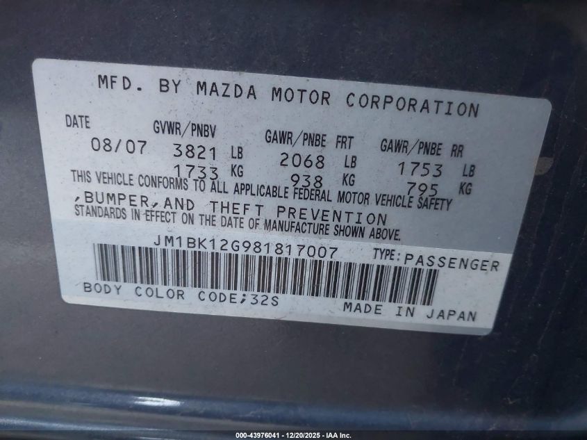 2008 Mazda Mazda3 I VIN: JM1BK12G981817007 Lot: 43976041