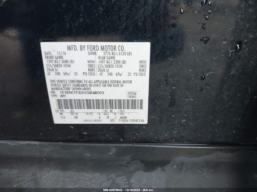 2017 Ford Explorer Limited VIN: 1FM5K7F83HGB48003 Lot: 43976042