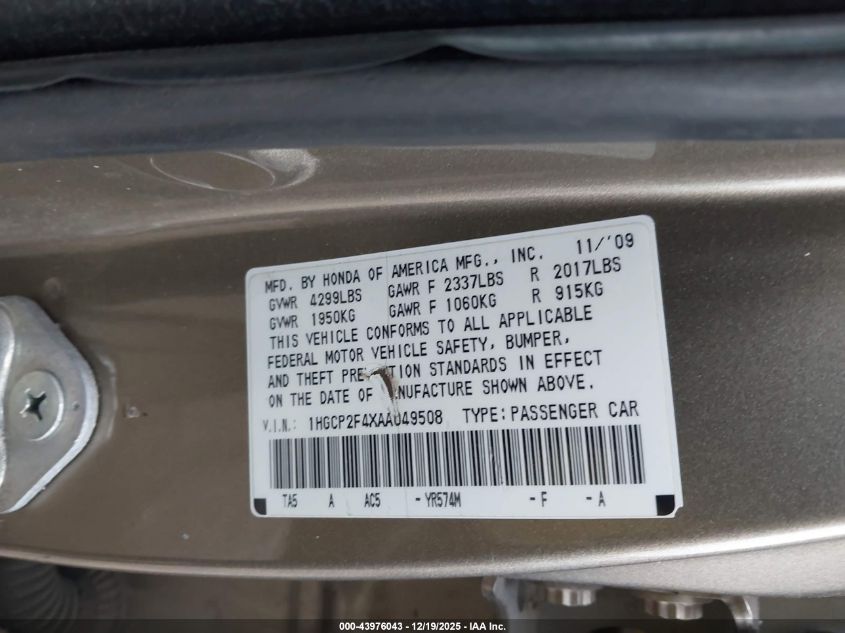2010 Honda Accord 2.4 Lx-P VIN: 1HGCP2F4XAA049508 Lot: 43976043