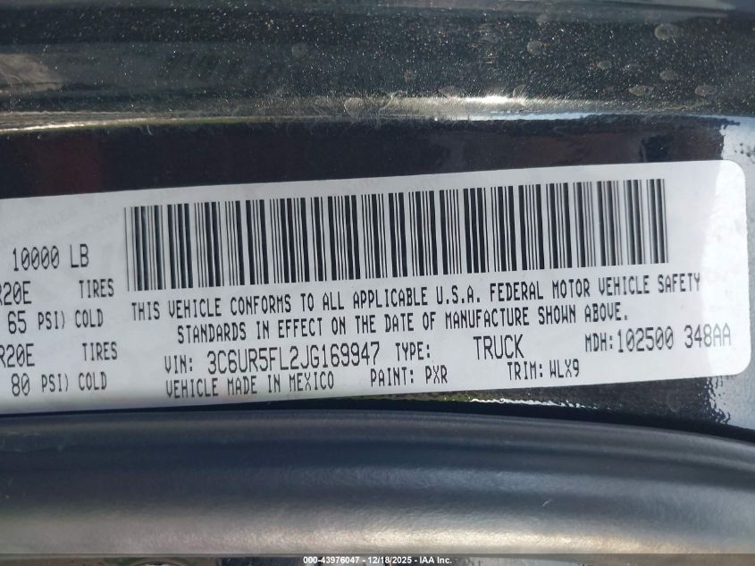 2018 Ram 2500 Laramie 4X4 6'4 Box VIN: 3C6UR5FL2JG169947 Lot: 43976047