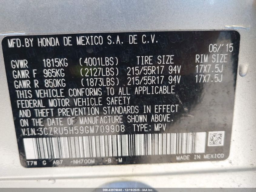 2016 Honda Hr-V Ex VIN: 3CZRU5H59GM709908 Lot: 43976048