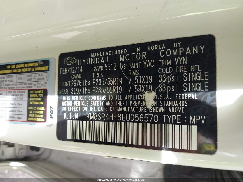2014 Hyundai Santa Fe Limited VIN: KM8SR4HF8EU056570 Lot: 43976052