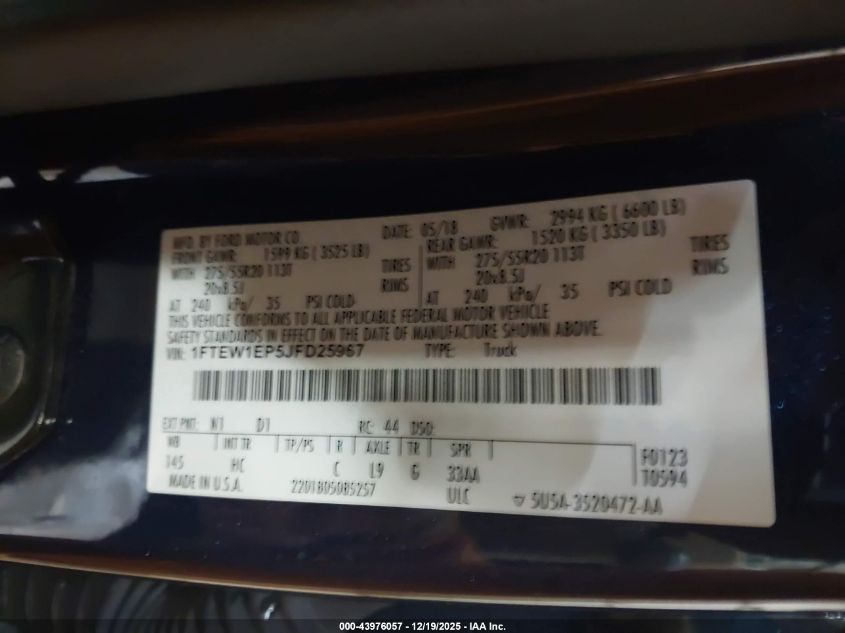 2018 Ford F-150 Lariat VIN: 1FTEW1EP5JFD25967 Lot: 43976057