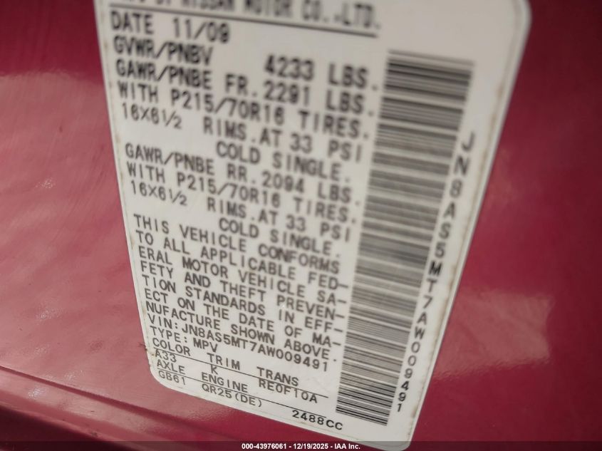 2010 Nissan Rogue S VIN: JN8AS5MT7AW009491 Lot: 43976061