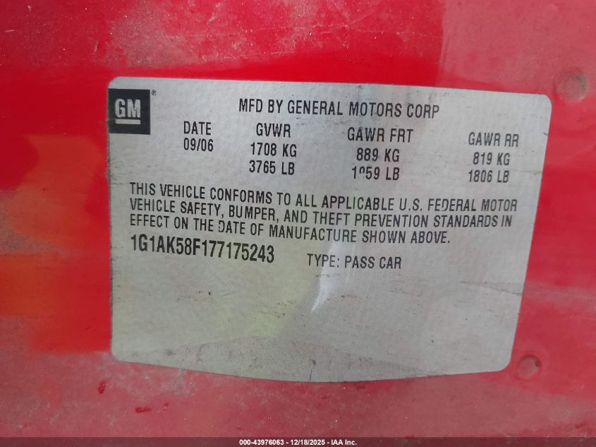 2007 Chevrolet Cobalt Ls VIN: 1G1AK58F177175243 Lot: 43976063
