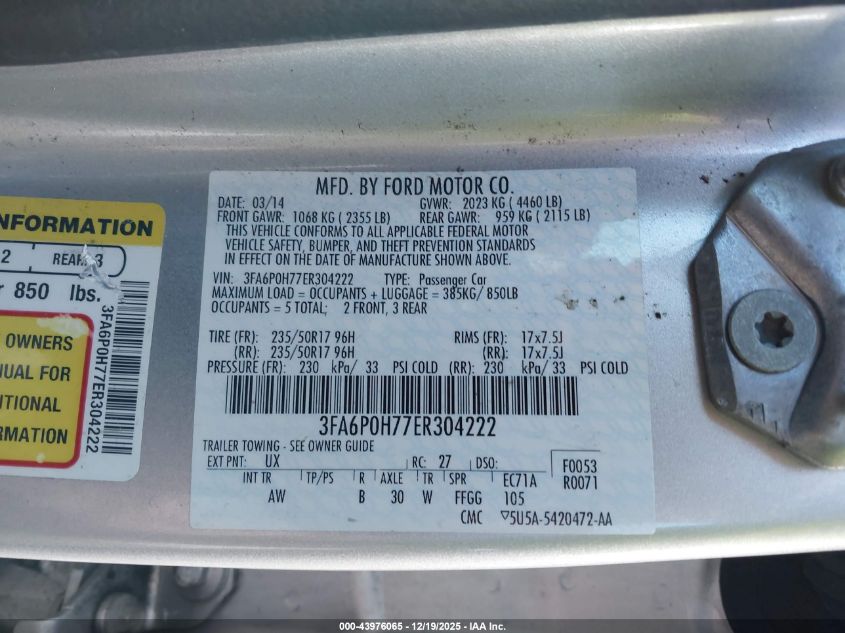 2014 Ford Fusion Se VIN: 3FA6P0H77ER304222 Lot: 43976065