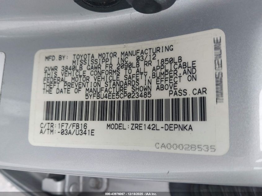 2012 Toyota Corolla Le VIN: 5YFBU4EE5CP023485 Lot: 43976067