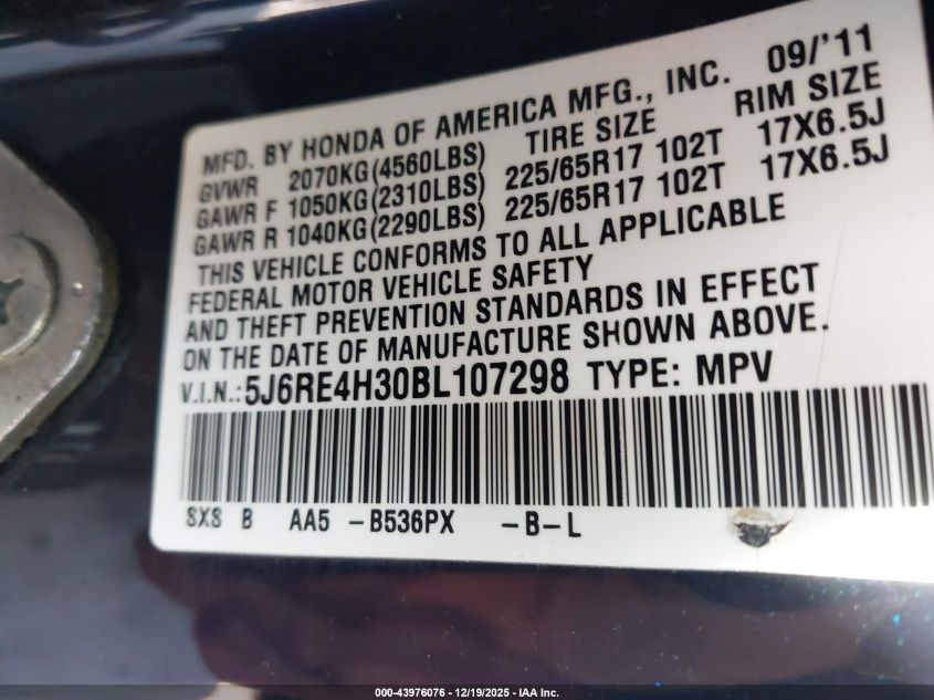 2011 Honda Cr-V Lx VIN: 5J6RE4H30BL107298 Lot: 43976076