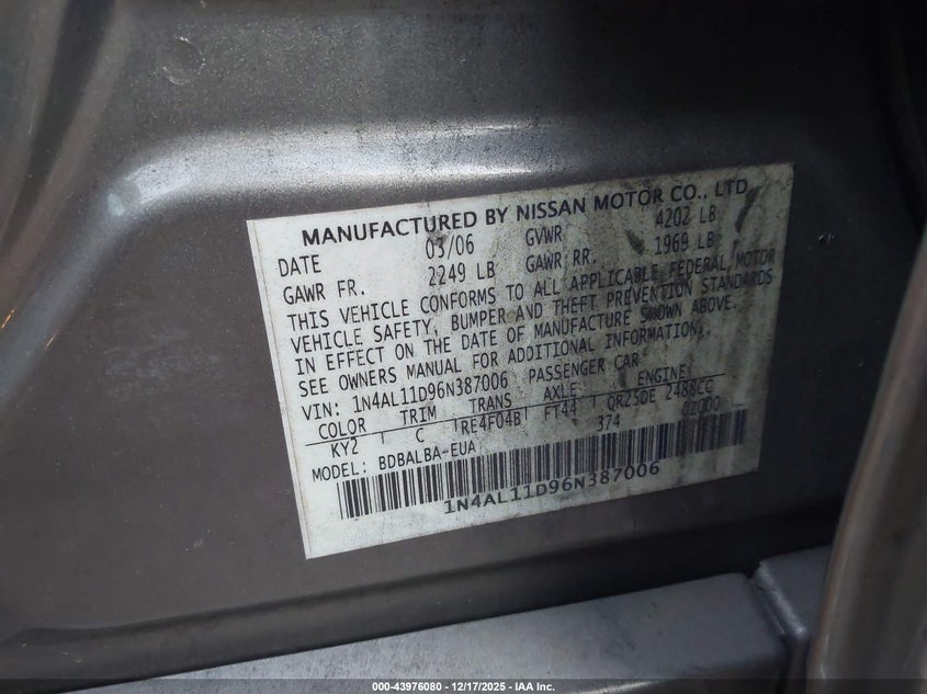 1N4AL11D96N387006 2006 NISSAN ALTIMA photo no. 9