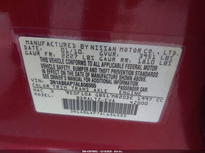 2010 Nissan Sentra 2.0S VIN: 3N1AB6AP7AL656555 Lot: 43976082