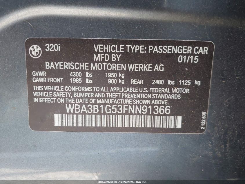 2015 BMW 320I VIN: WBA3B1G53FNN91366 Lot: 43976083