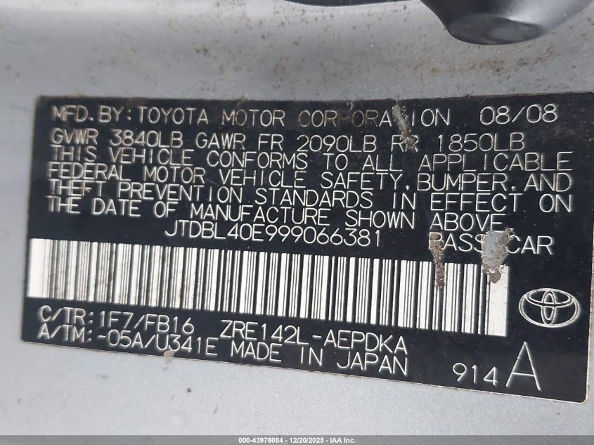 2009 Toyota Corolla Le VIN: JTDBL40E999066381 Lot: 43976084