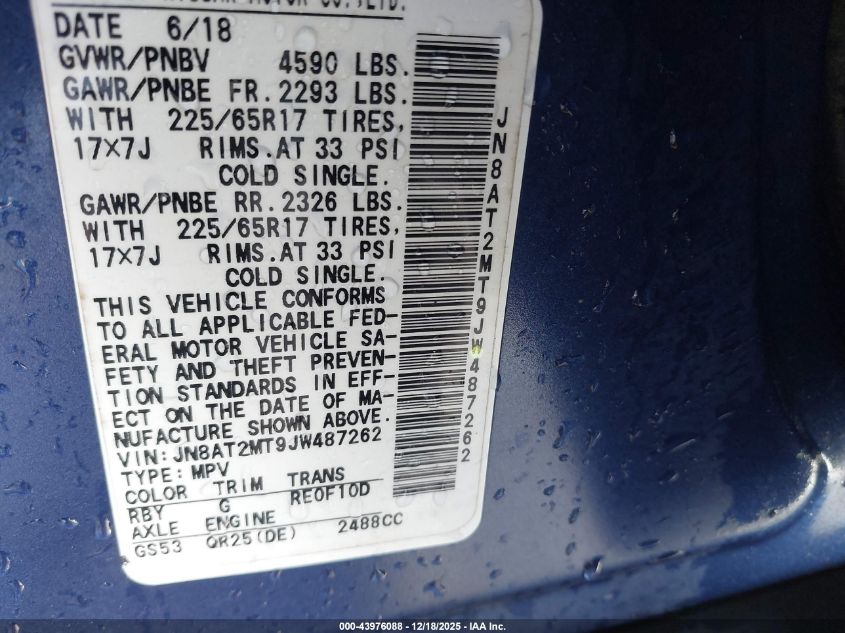 2018 Nissan Rogue Sv VIN: JN8AT2MT9JW487262 Lot: 43976088