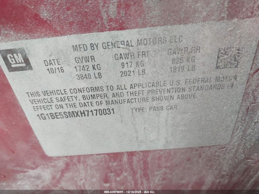 2017 Chevrolet Cruze Lt Auto VIN: 1G1BE5SMXH7170031 Lot: 43976091