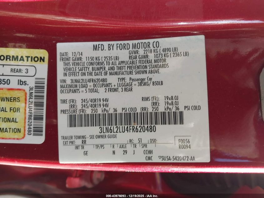 2015 Lincoln Mkz Hybrid VIN: 3LN6L2LU4FR620480 Lot: 43976093