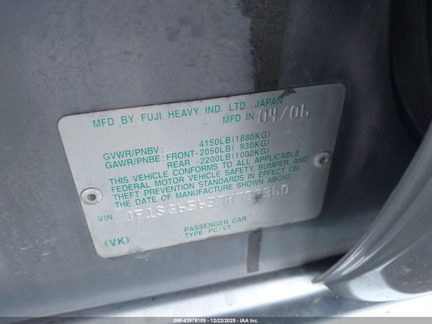 2007 Subaru Forester 2.5X VIN: JF1SG65637H700360 Lot: 43976109