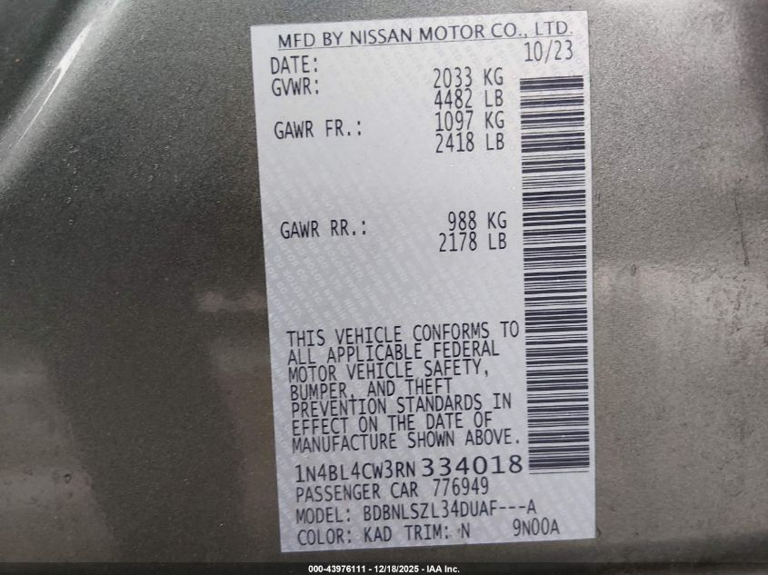 2024 Nissan Altima Sr Intelligent Awd VIN: 1N4BL4CW3RN334018 Lot: 43976111