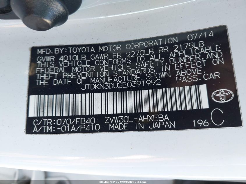 2014 Toyota Prius Two VIN: JTDKN3DU2E0391992 Lot: 43976112