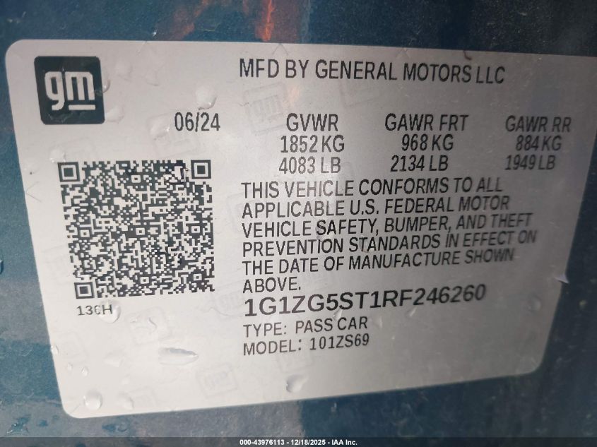 2024 Chevrolet Malibu Fwd Rs VIN: 1G1ZG5ST1RF246260 Lot: 43976113