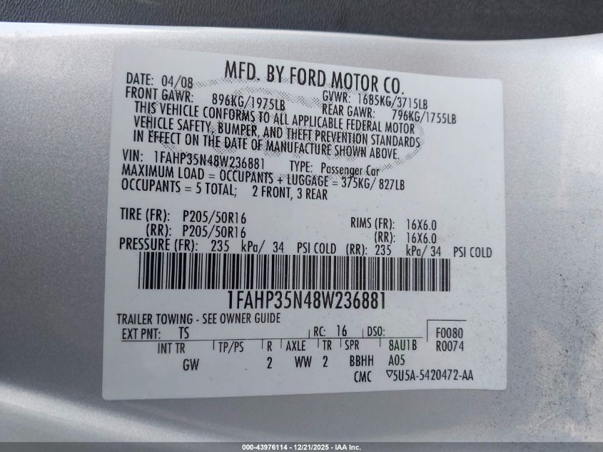 2008 Ford Focus Ses VIN: 1FAHP35N48W236881 Lot: 43976114