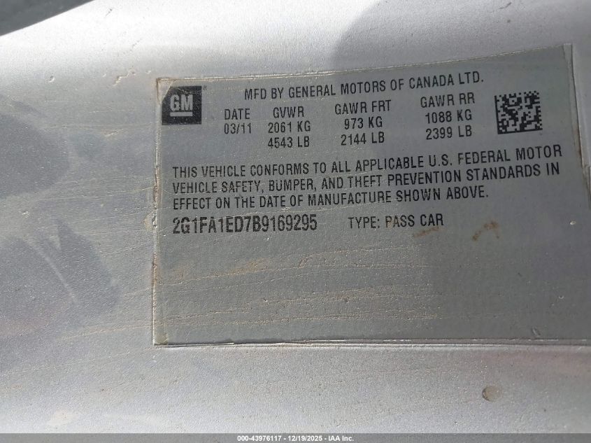2011 Chevrolet Camaro 2Ls VIN: 2G1FA1ED7B9169295 Lot: 43976117