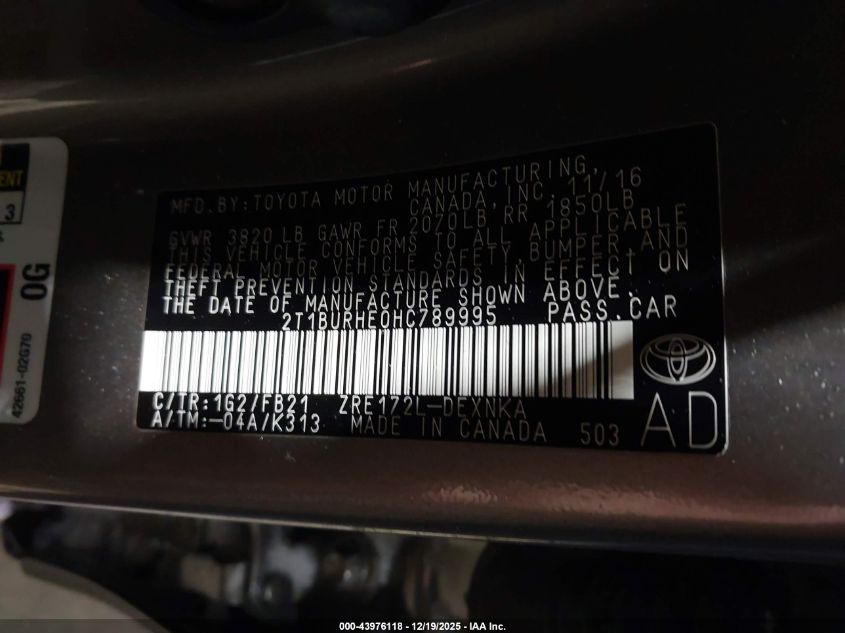 2017 Toyota Corolla Le VIN: 2T1BURHE0HC789995 Lot: 43976118