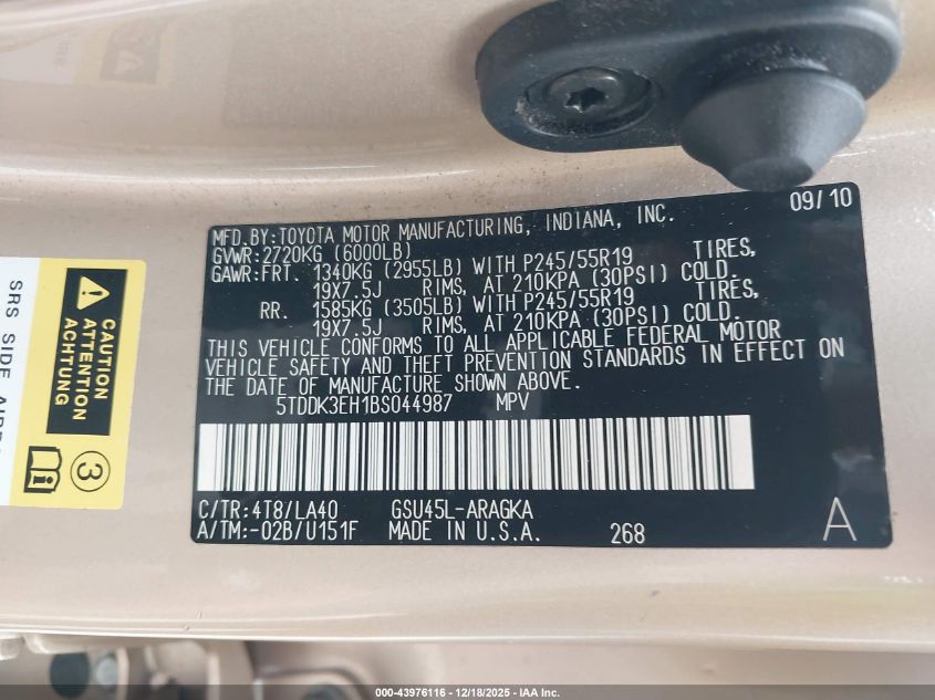 2011 Toyota Highlander Limited V6 VIN: 5TDDK3EH1BS044987 Lot: 43976116