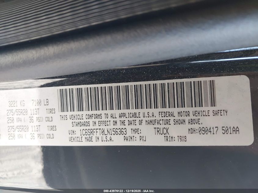 2020 Ram 1500 Big Horn 4X4 5'7 Box VIN: 1C6SRFFT0LN156363 Lot: 43976122