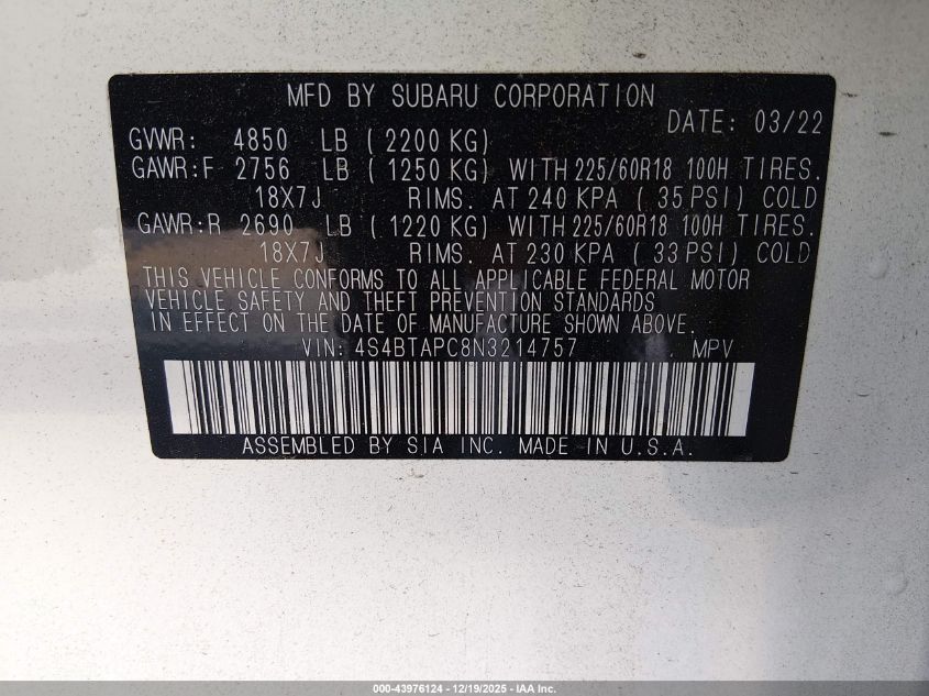 2022 Subaru Outback Touring VIN: 4S4BTAPC8N3214757 Lot: 43976124