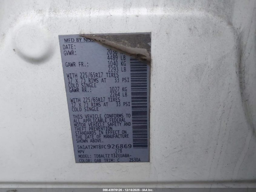 2015 Nissan Rogue Sv VIN: 5N1AT2MT8FC926869 Lot: 43976126