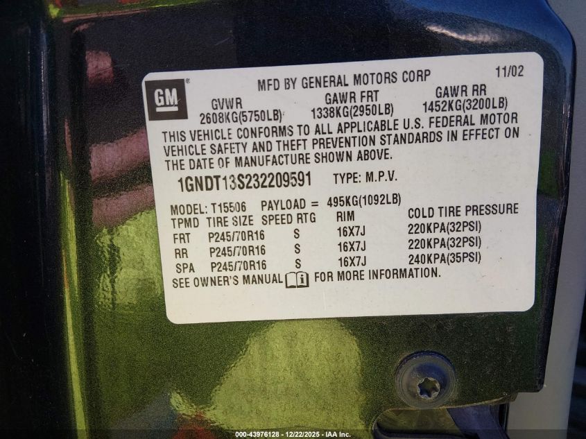 2003 Chevrolet Trailblazer Ls VIN: 1GNDT13S232209591 Lot: 43976128