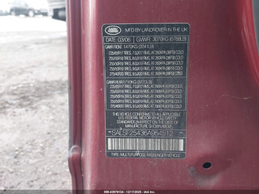 2006 Land Rover Range Rover Sport Hse VIN: SALSF25436A954512 Lot: 43976134