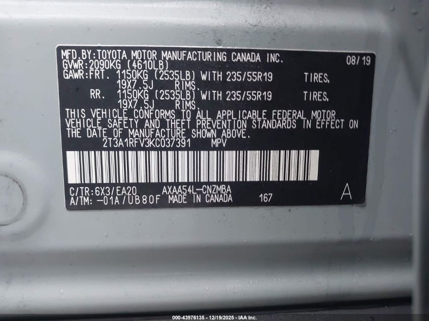 2019 Toyota Rav4 Xle Premium VIN: 2T3A1RFV3KC037391 Lot: 43976135