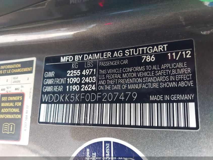 2013 Mercedes-Benz E 350 VIN: WDDKK5KF0DF207479 Lot: 43976137