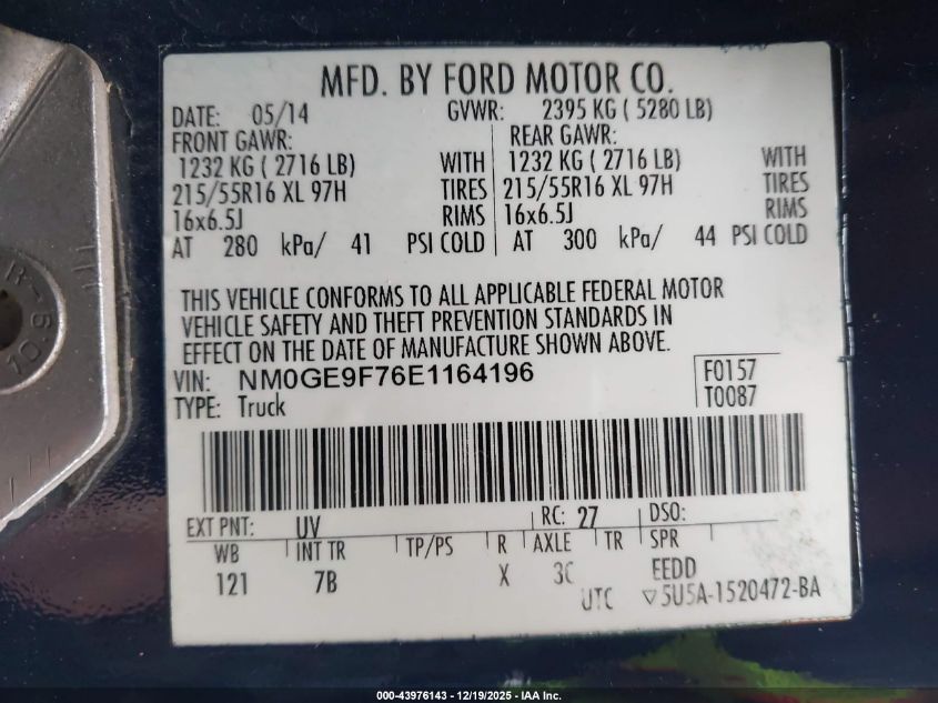 2014 Ford Transit Connect Xlt VIN: NM0GE9F76E1164196 Lot: 43976143