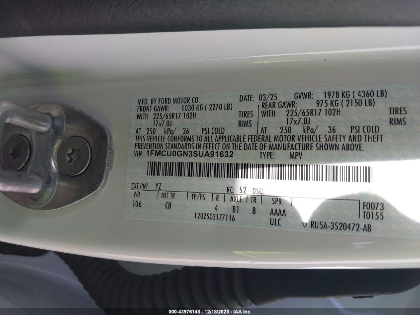 2025 Ford Escape Active VIN: 1FMCU0GN3SUA91632 Lot: 43976148