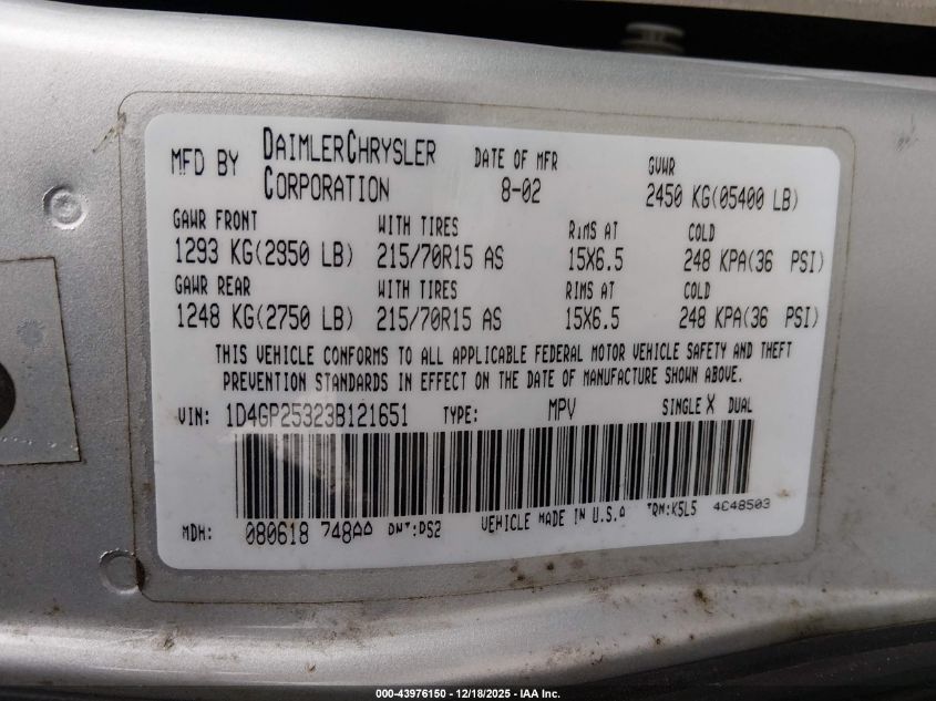 2003 Dodge Caravan Se VIN: 1D4GP25323B121651 Lot: 43976150