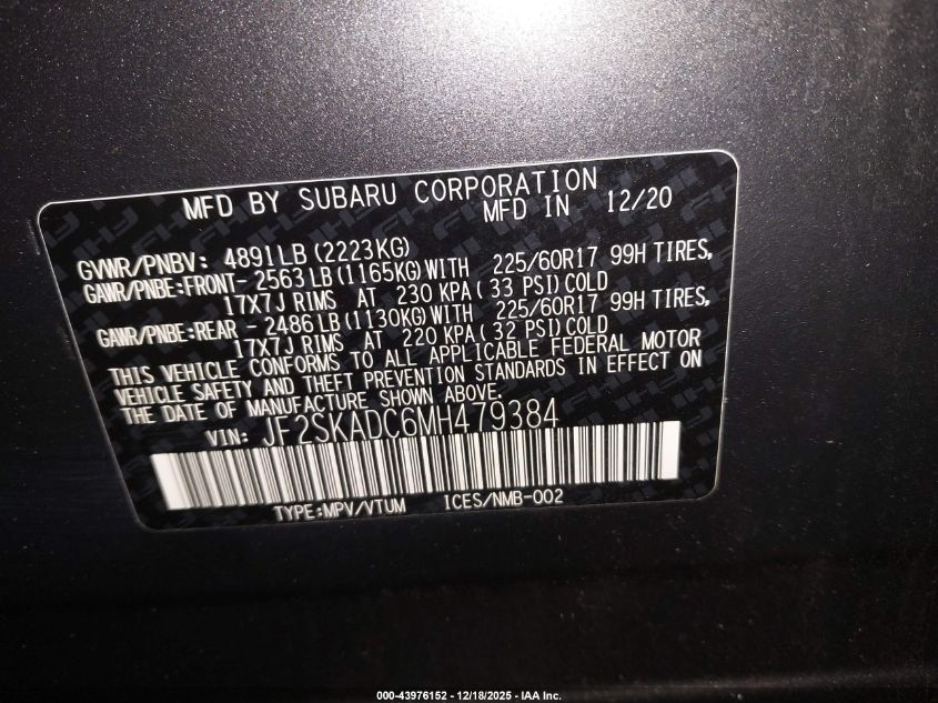 2021 Subaru Forester VIN: JF2SKADC6MH479384 Lot: 43976152