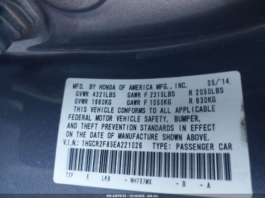 2014 Honda Accord Ex-L VIN: 1HGCR2F85EA221026 Lot: 43976153