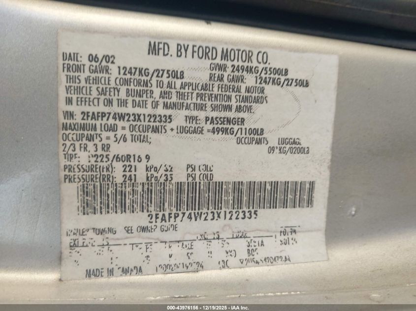 2003 Ford Crown Victoria Lx VIN: 2FAFP74W23X122335 Lot: 43976156