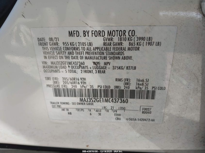 2021 Ford Ecosport Se VIN: MAJ3S2GE1MC437360 Lot: 43976158