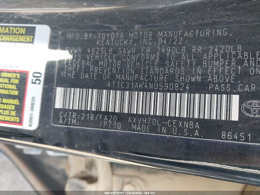 2022 Toyota Camry Le Hybrid VIN: 4T1C31AK4NU590824 Lot: 43976161