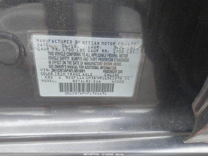 2015 Nissan Versa 1.6 Sv VIN: 3N1CN7AP4FL951691 Lot: 43976164