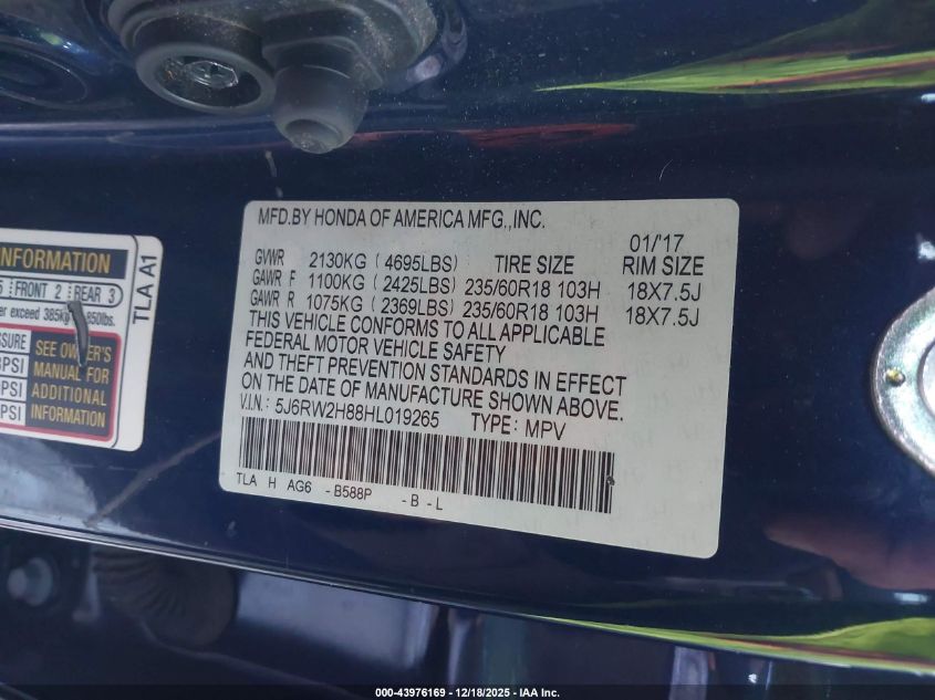 2017 Honda Cr-V Ex-L/Ex-L Navi VIN: 5J6RW2H88HL019265 Lot: 43976169