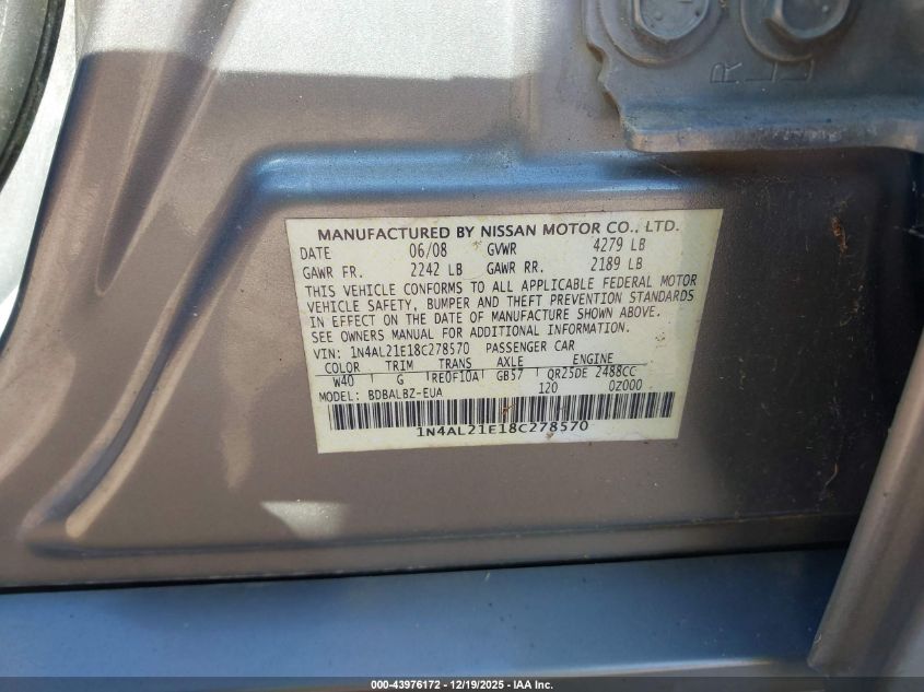 2008 Nissan Altima 2.5 S VIN: 1N4AL21E18C278570 Lot: 43976172