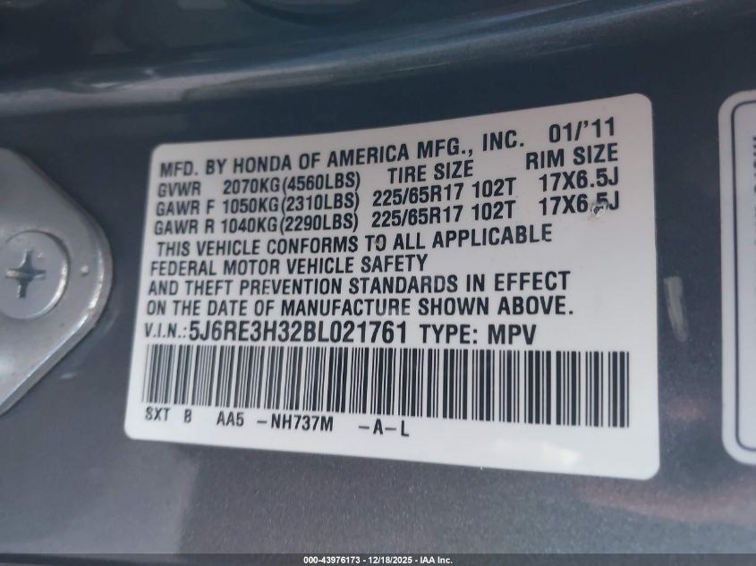 2011 Honda Cr-V Lx VIN: 5J6RE3H32BL021761 Lot: 43976173