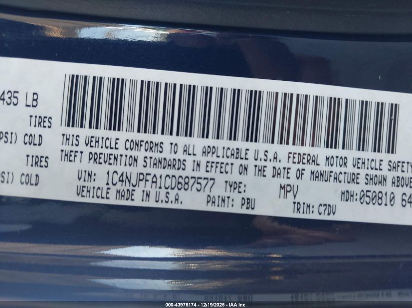 2012 Jeep Patriot Latitude VIN: 1C4NJPFA1CD687577 Lot: 43976174